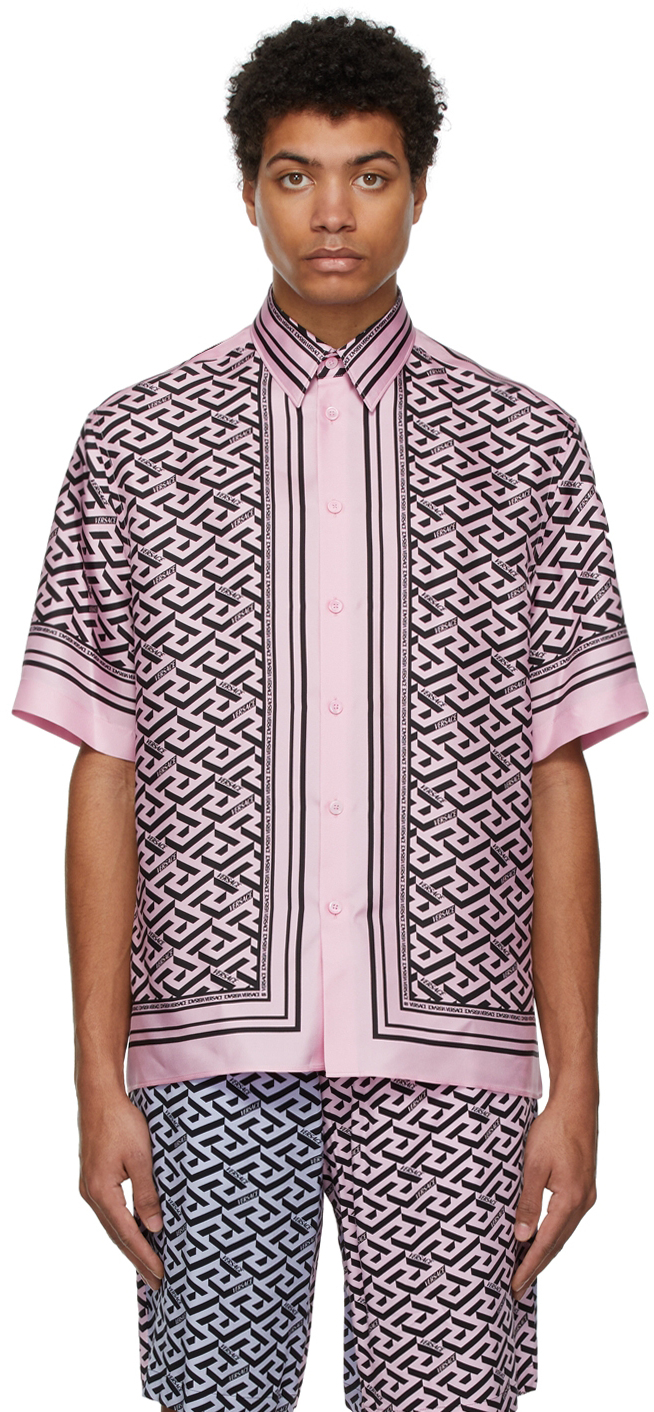 Versace Pink & Black Silk Signature Short Sleeve Shirt