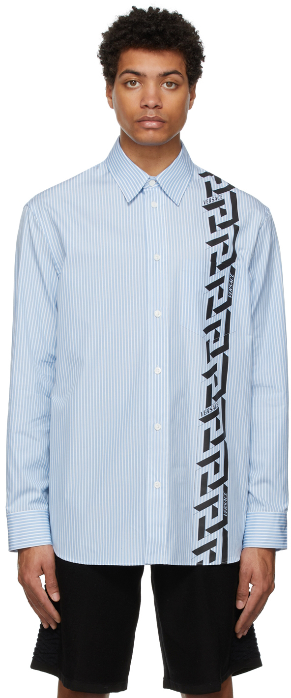 Versace: White & Blue La Greca Striped Shirt | SSENSE