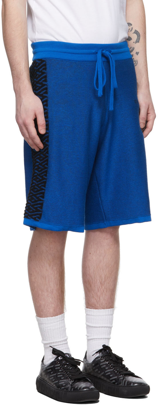 Versace La Greca Drawstring Knitted Shorts In 1u820 Sapphire