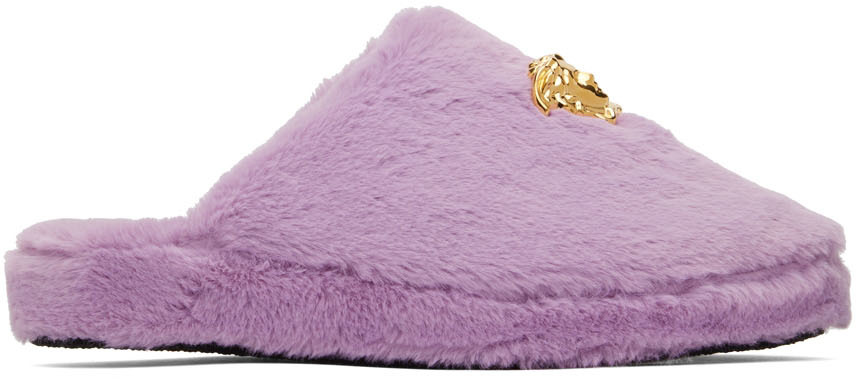 Versace Purple Fuzzy Medusa Slippers