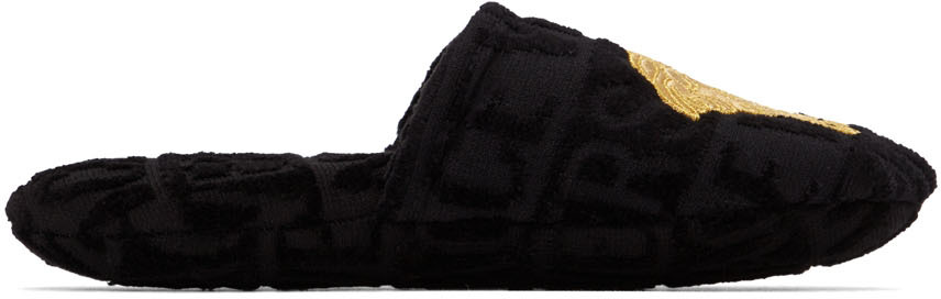 Versace Black Embroidered Medusa Slippers