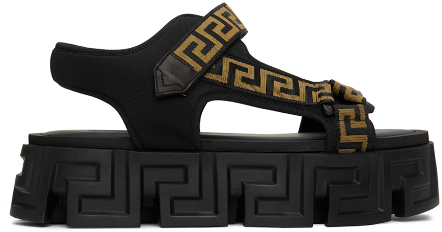 Versace Black & Gold La Greca Platform Sandals