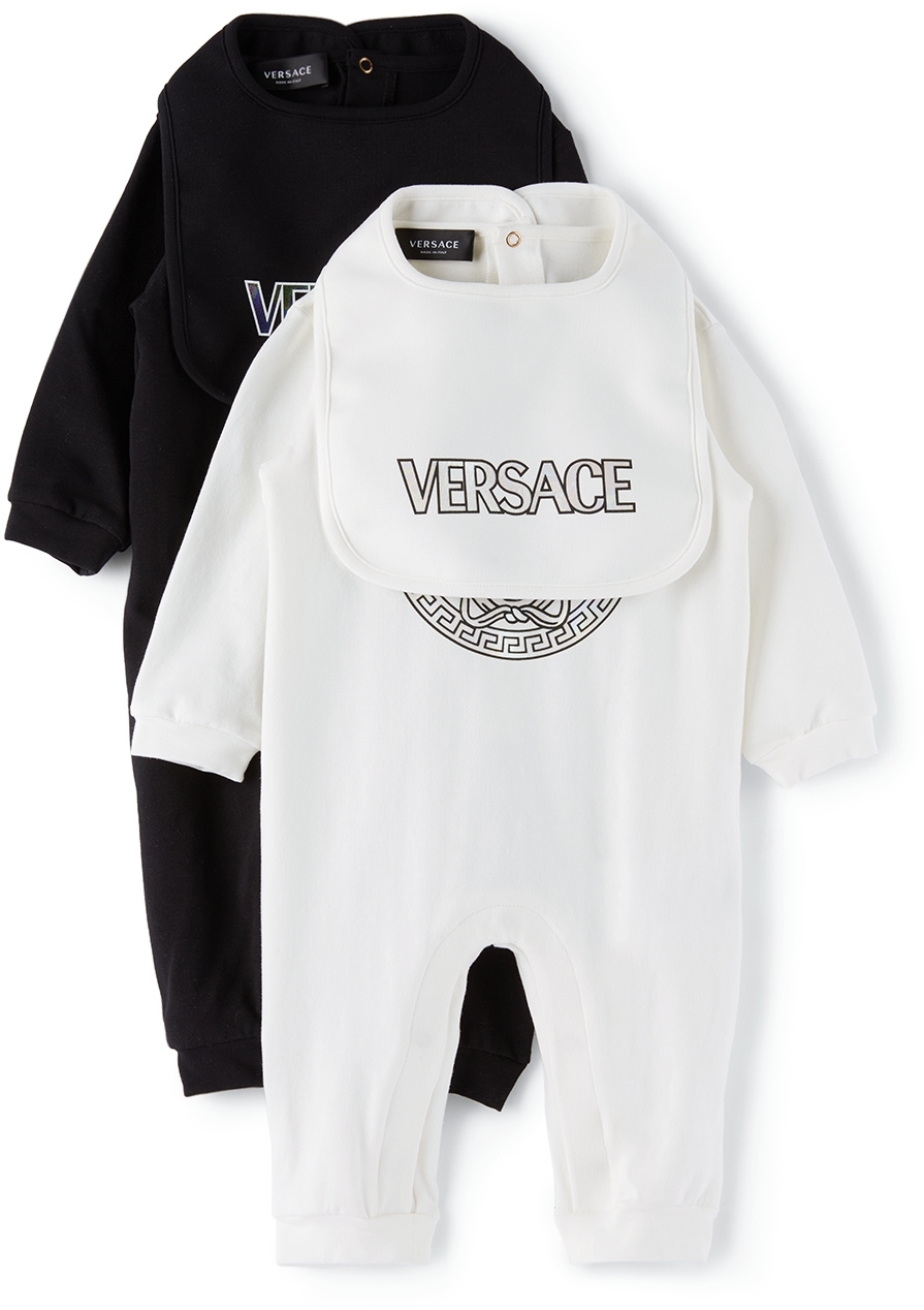 Versace Baby White & Black Bodysuits & Bibs Gift Set In 2w020 White+black