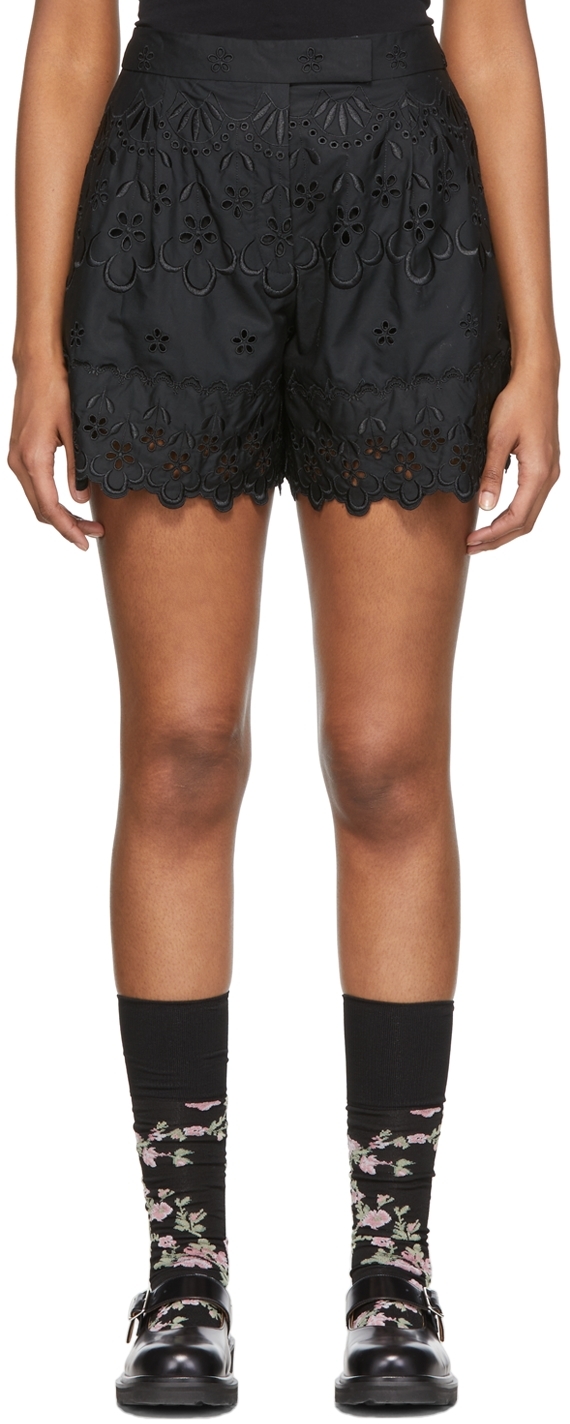 Black Cotton Embroidered Shorts
