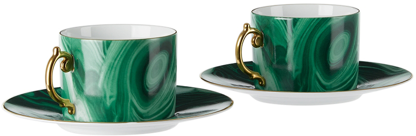 L'objet Green Malachite Tea Cup & Saucer Set, 8 oz In Green/gold