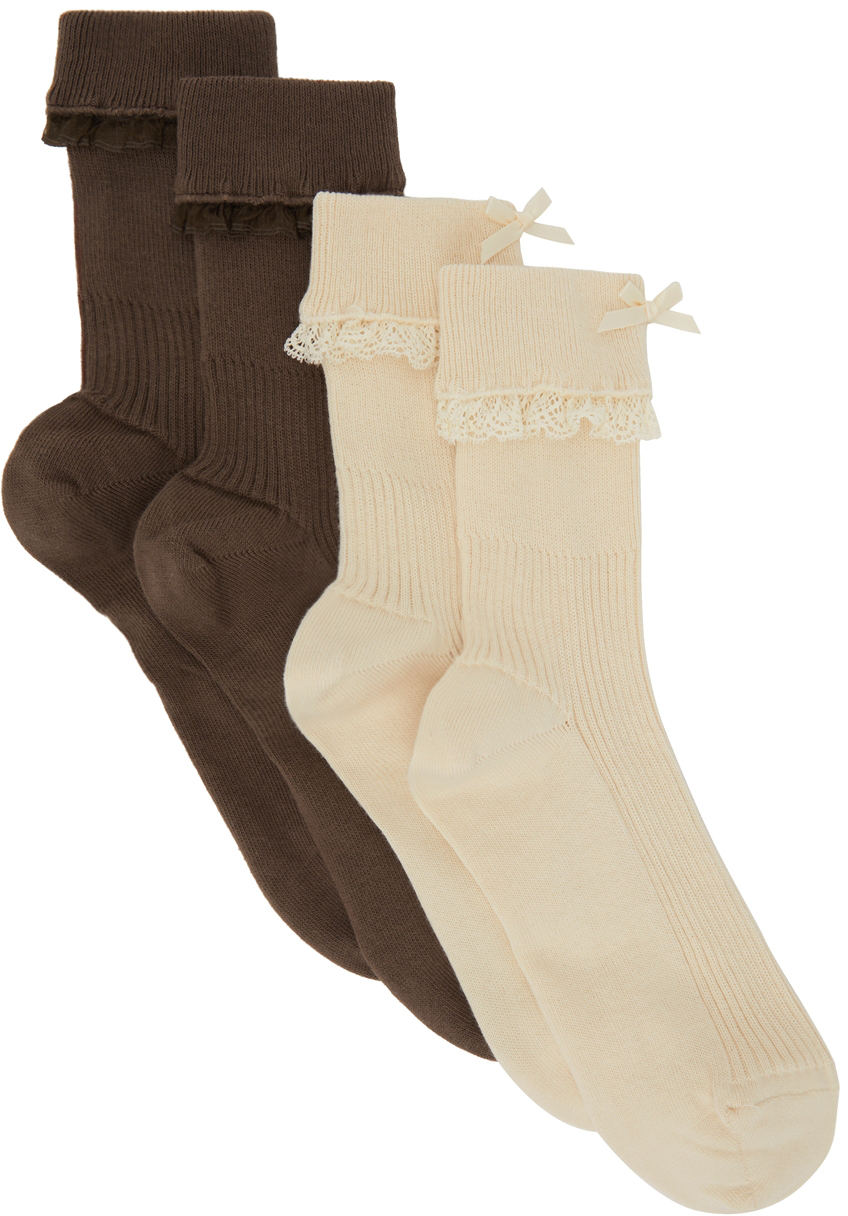Tanner Fletcher Two-Pack Off-White & Brown Trimmed Socks