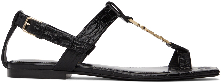 Saint Laurent Black Croc Cassandra Flat Sandals