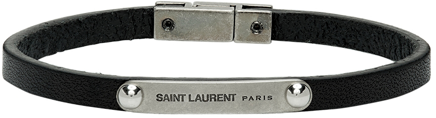 Saint Laurent Black Leather Id Plaque Bracelet