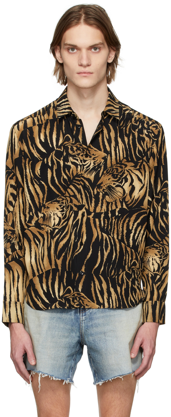 Black & Tan Silk Tiger Print Shirt