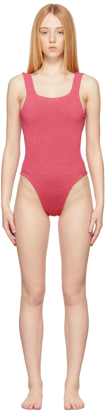 Hunza G: Pink Square Neck One-Piece Swimsuit | SSENSE Canada