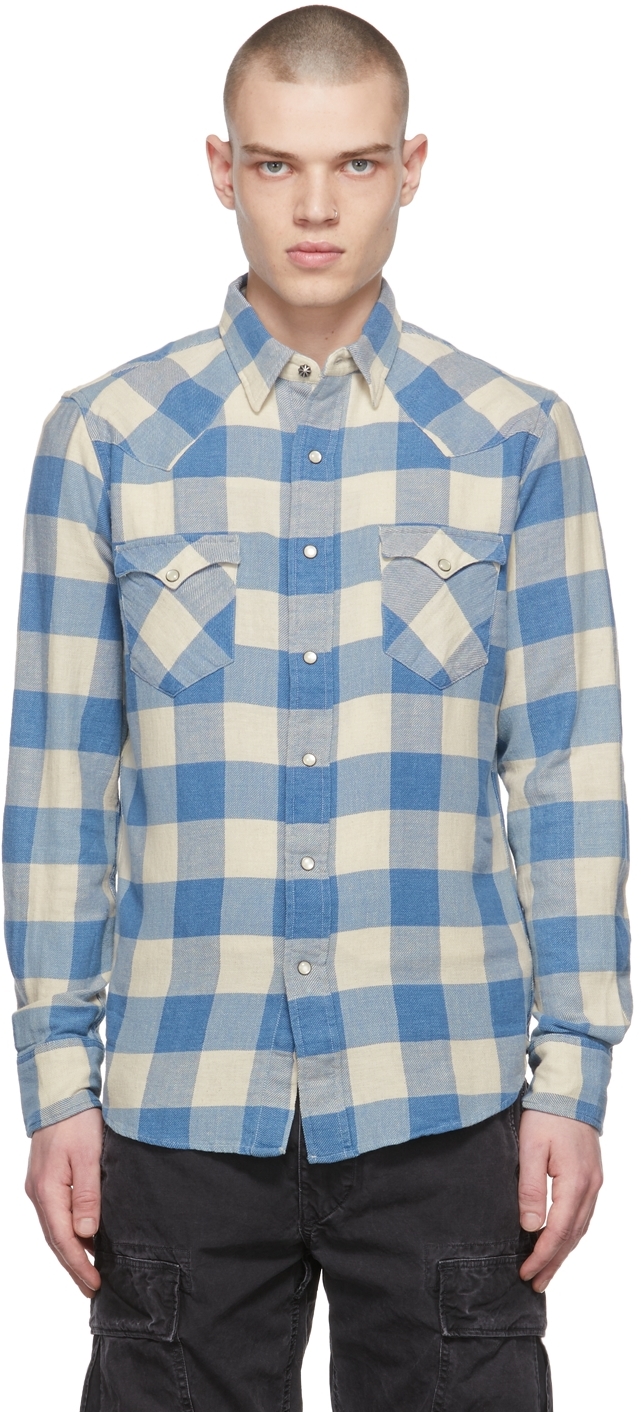 RRL: Blue & Off-White Plaid Buffalo Shirt | SSENSE