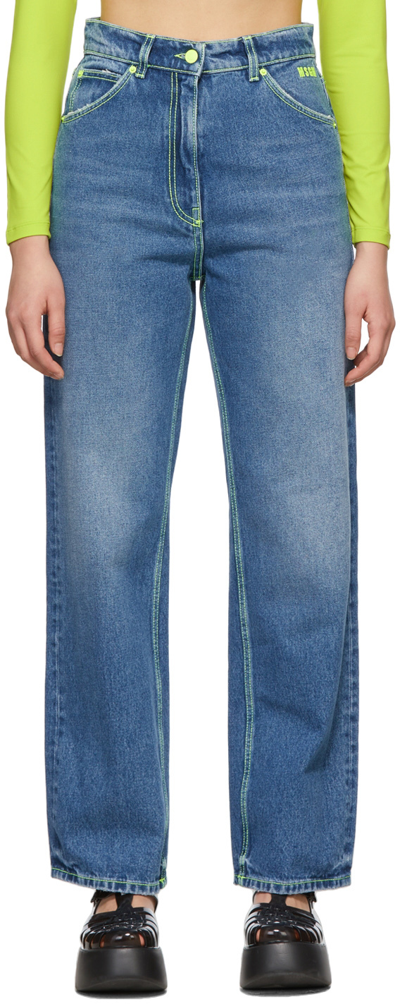 Msgm Jeans Gamba Ampia Con Impunture Fluo In 88 Blue | ModeSens