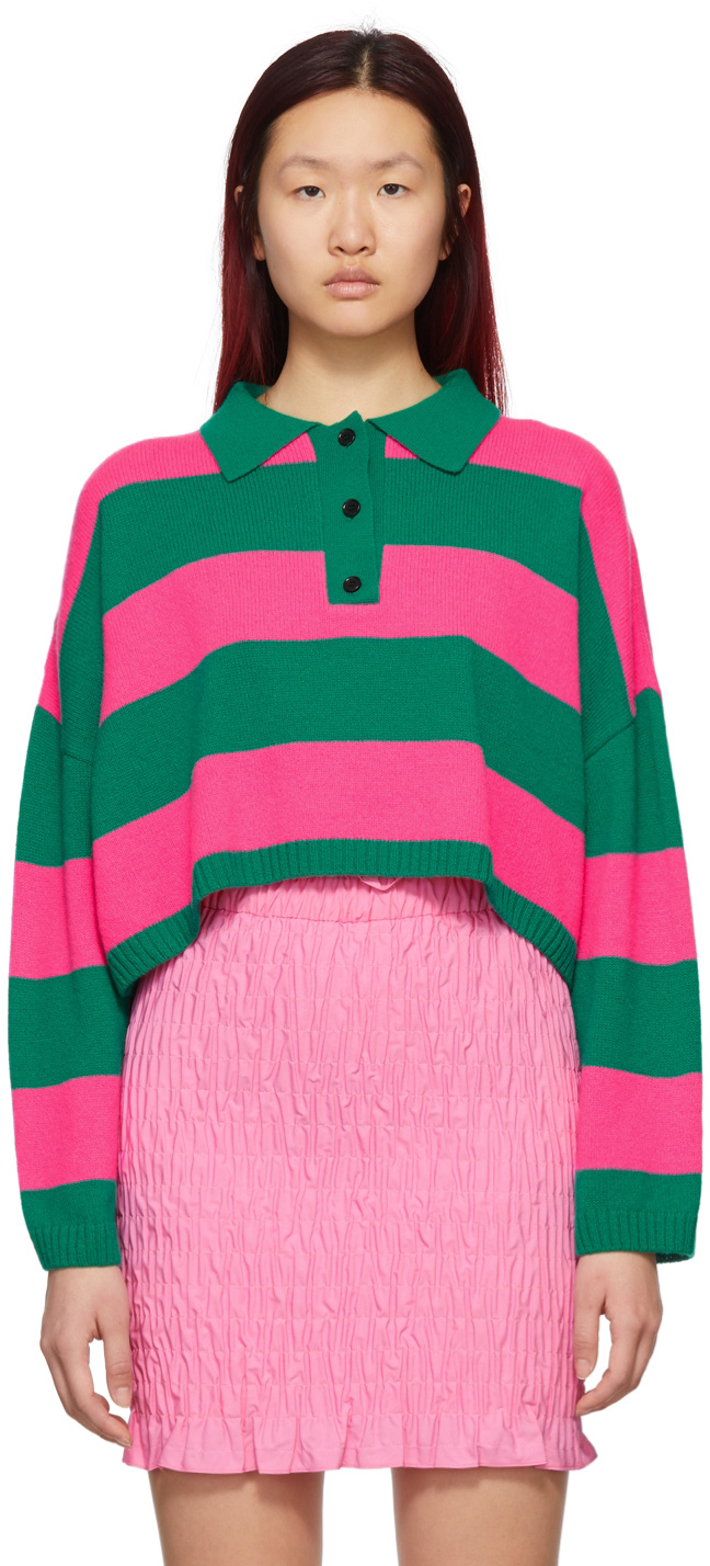 Pink & Green Striped Rugby Long Sleeve Polo