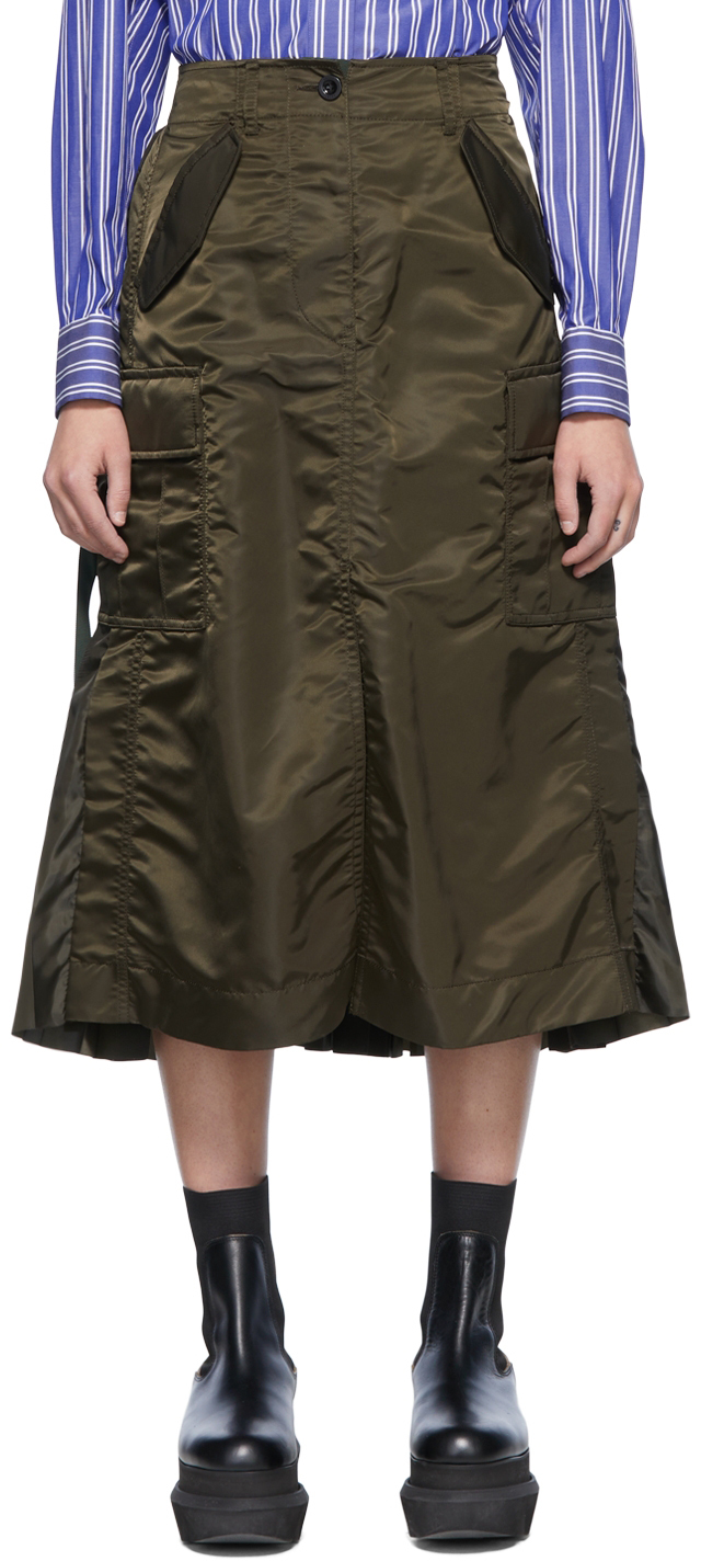 sacai: Khaki Nylon Midi Skirt | SSENSE Canada