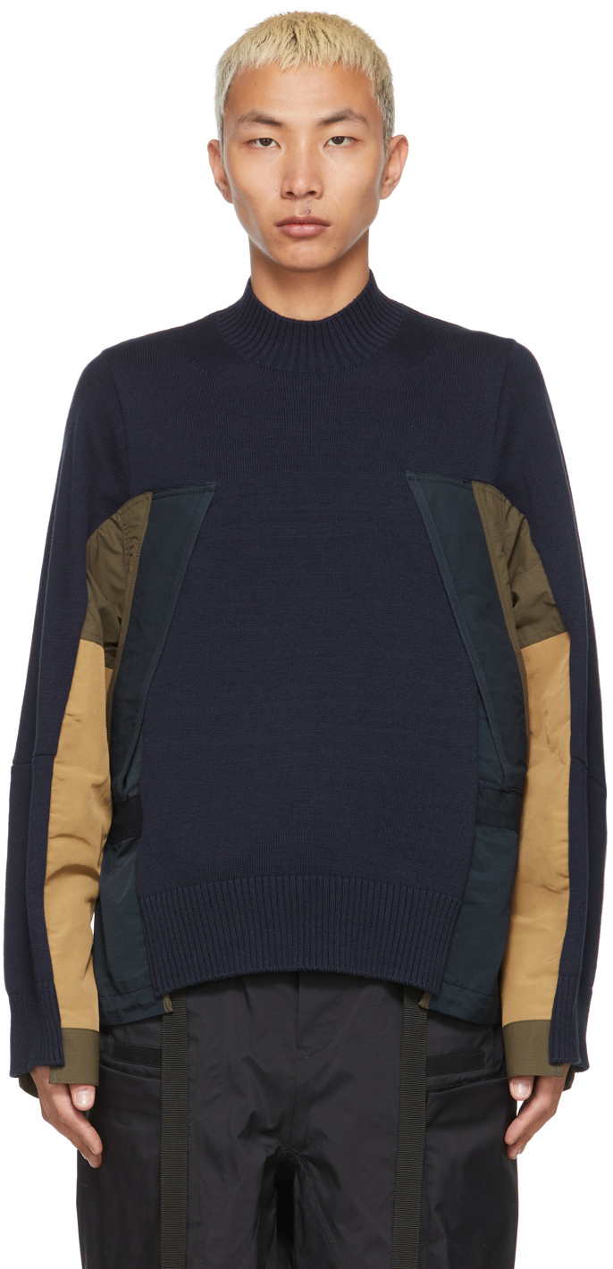 Sacai Navy Grosgrain Mix Knit Sweater | Smart Closet