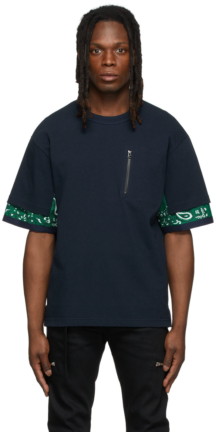 sacai Navy & Green Bandana Print T-Shirt