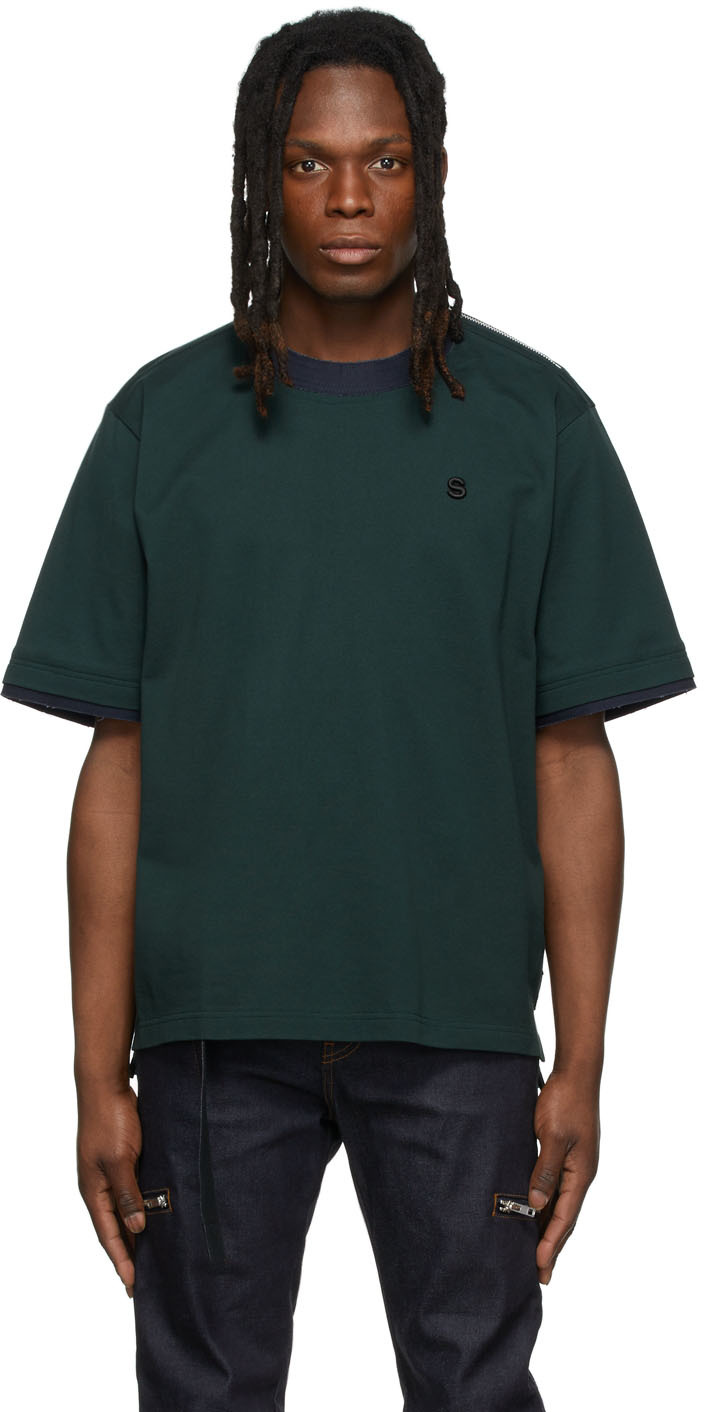 sacai Green Piqué Pullover T-Shirt