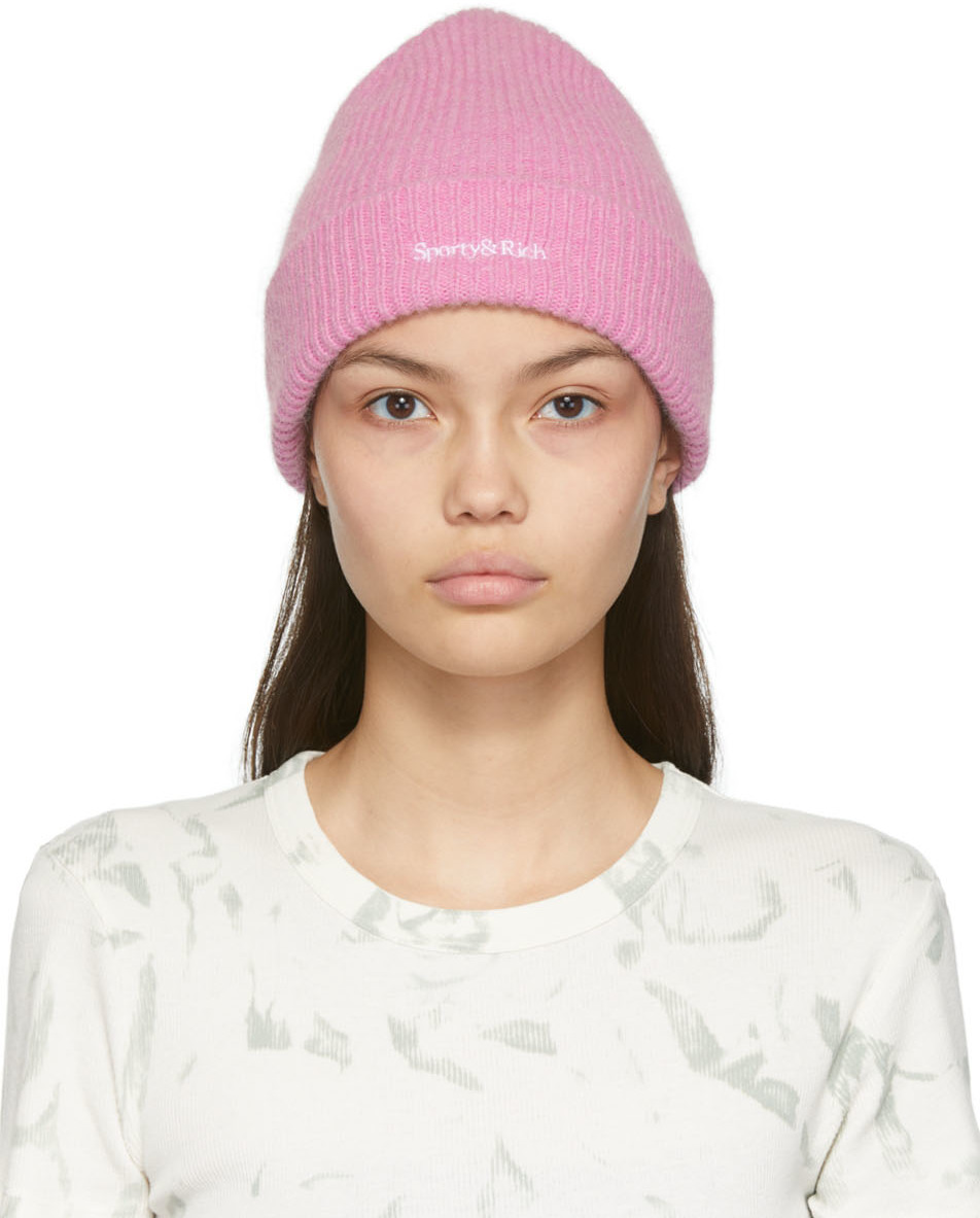 Sporty & Rich Pink Dina Serif Logo Beanie | Smart Closet display picture 1