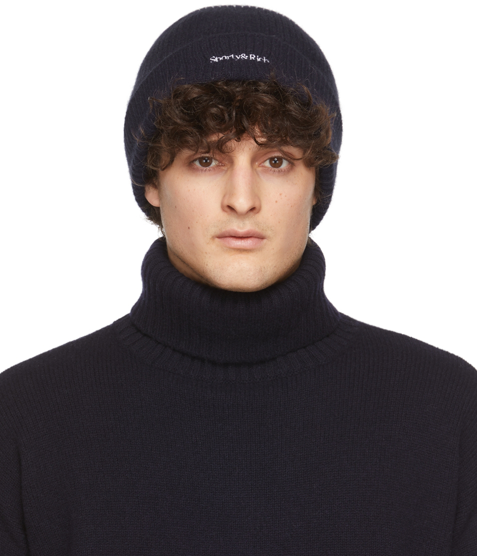 Navy Serif Logo Beanie by Sporty & Rich on Sale