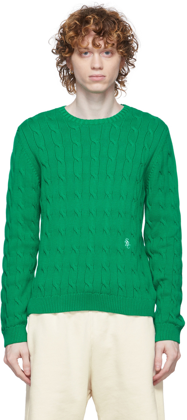 Sporty & Rich: Green Cable Knit Crewneck Sweater | SSENSE UK