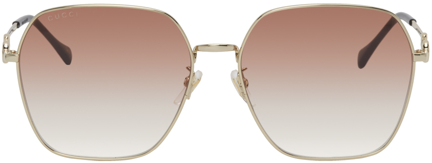 Gucci Gold & Pink Horsebit Rectangular Sunglasses