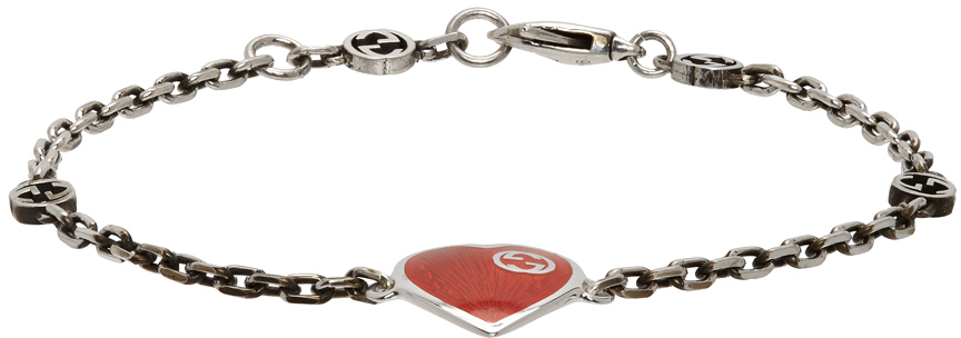 Gucci Silver & Red Interlocking G Heart Bracelet