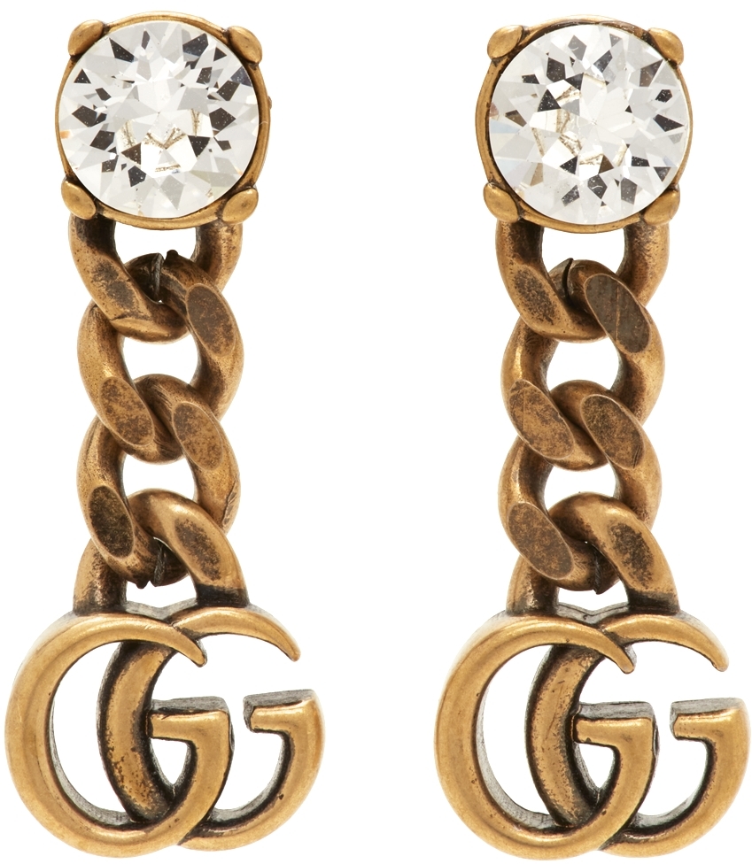 Gucci: Gold Crystal Double G Earrings | SSENSE