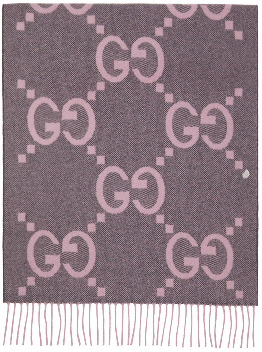 Gucci Grey & Pink Cashmere Jacquard Gg Scarf In 1272 Graphite/pink