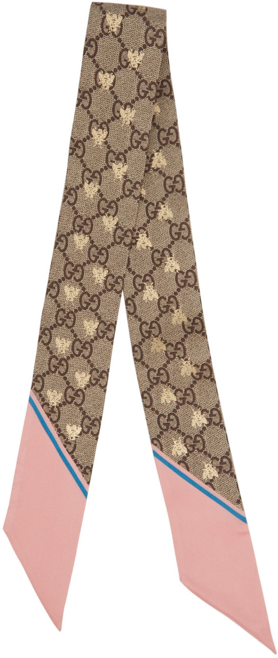 Gucci Wool Silk GG Supreme Monogram Fringe Scarf Brown Taupe