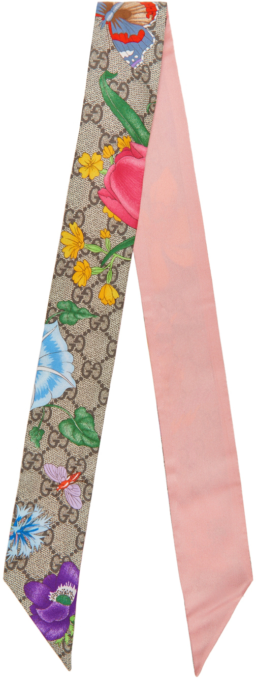 Gucci Flora Printed Silk Neck Scarf In Beige,pink