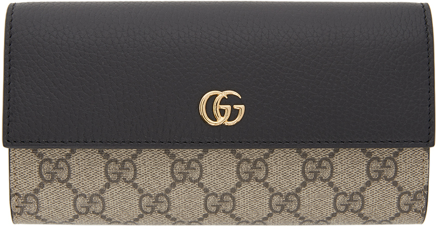 Gucci Black & Beige Small GG Marmont Flap Wallet