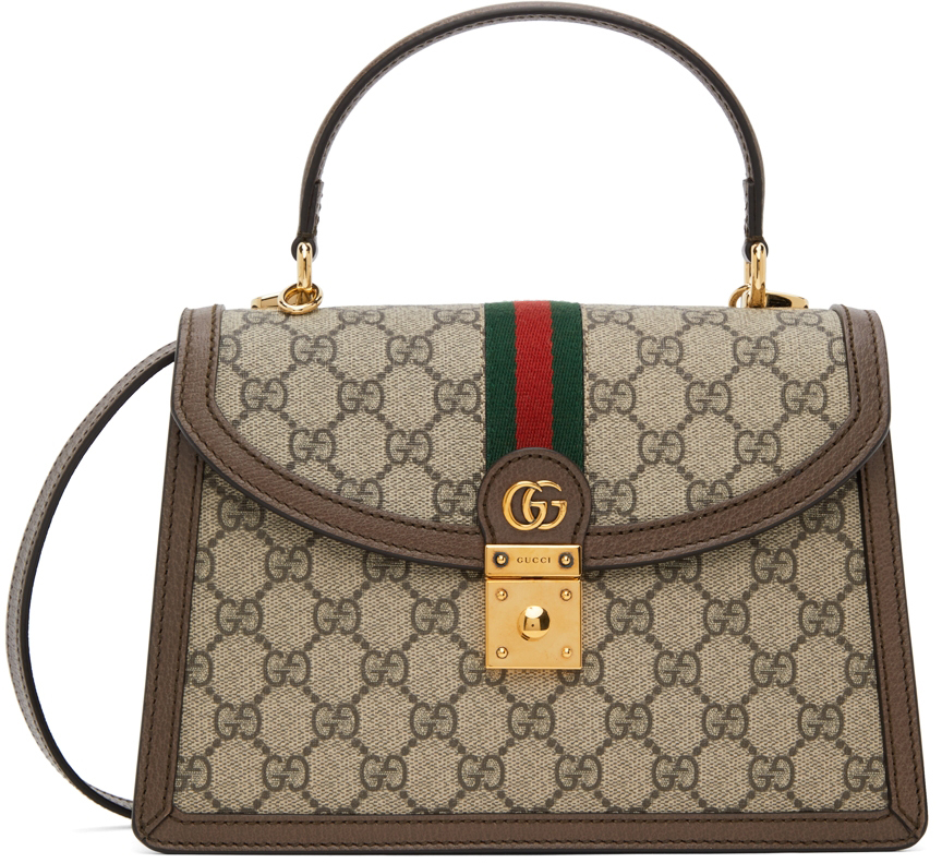 Gucci: Brown & Beige Small Ophidia Top Handle Bag | SSENSE