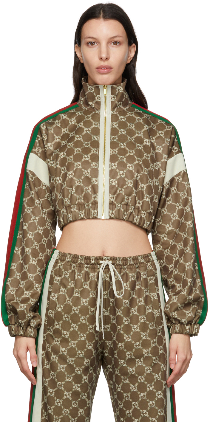 Shop Gucci Khaki Interlocking G Cropped Zip-up In 3357 Military Green/