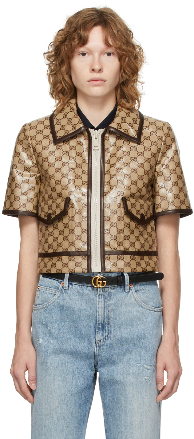 Gucci Beige & Brown Coated Canvas GG Short Sleeve Jacket