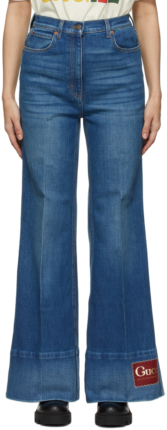 Gimnasia inteligencia imponer Gucci: Blue Denim Washed Flare Jeans | SSENSE