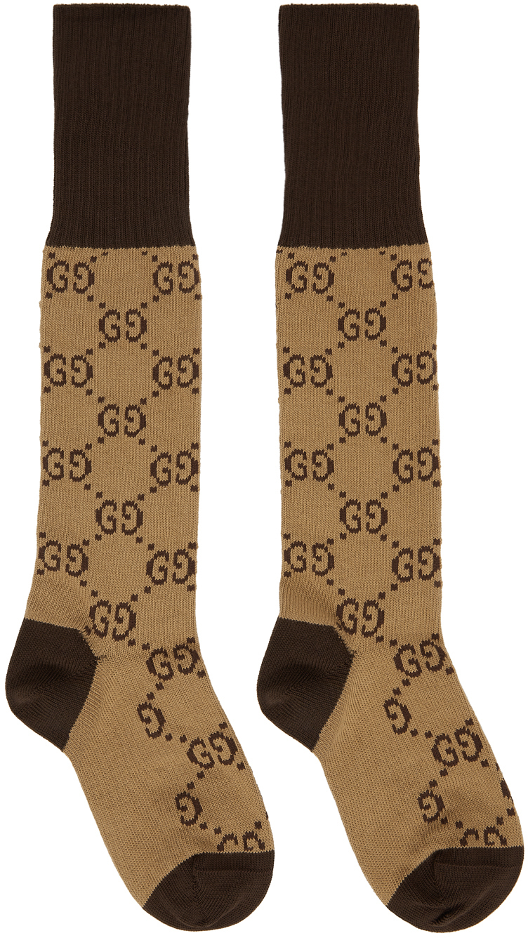 Beige & Brown Cotton GG Socks
