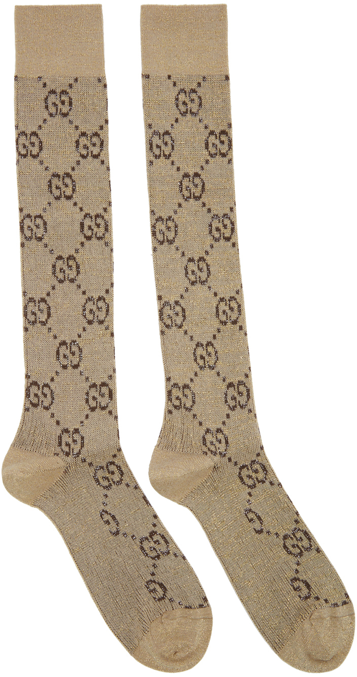 Gucci: Beige Lamé GG Socks | SSENSE
