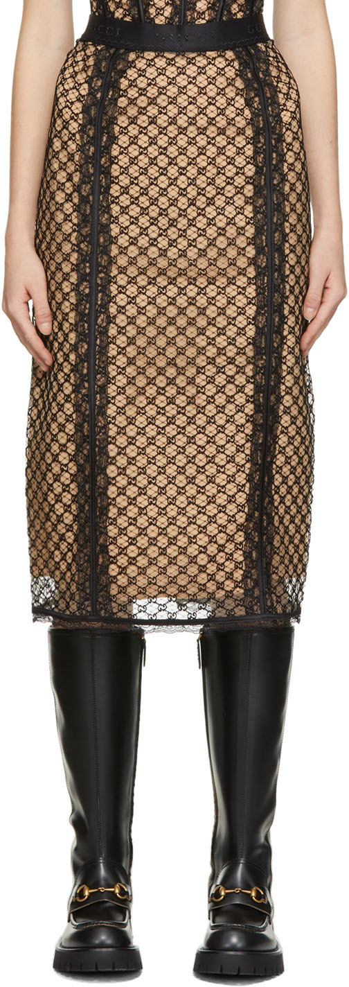 Gucci Black & Beige GG Net Mid-Length Skirt