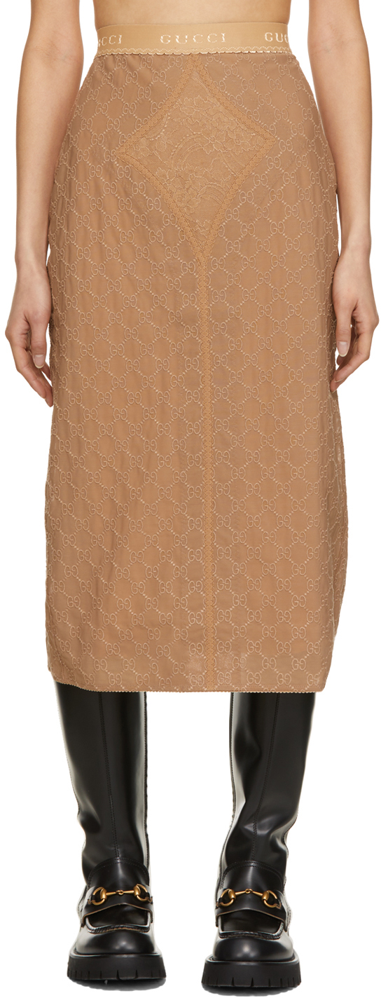 Gucci Tan 'GG' Embroidered Tulle Skirt