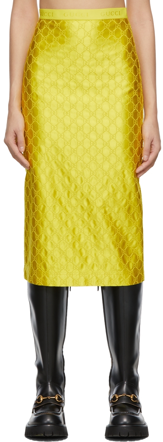 Gucci Yellow GG Embroidered Silk Skirt