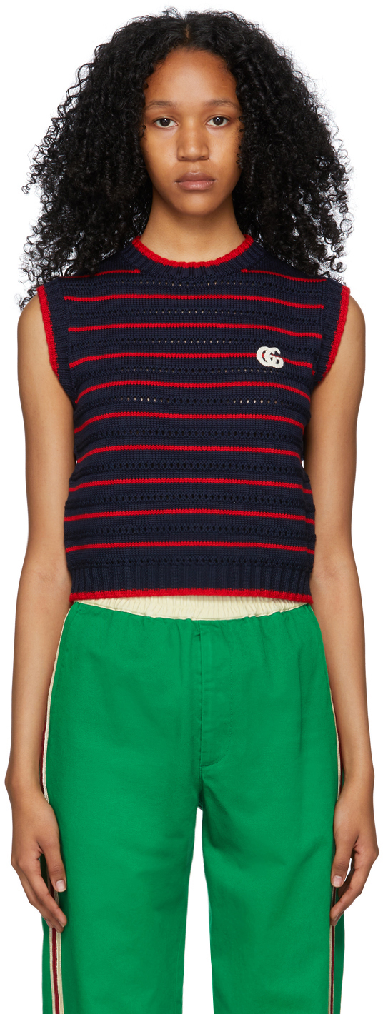 Gucci Navy & Red Striped GG Patch Vest