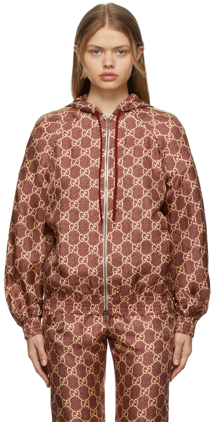 Gucci: Burgundy Silk GG Supreme Jacket | SSENSE