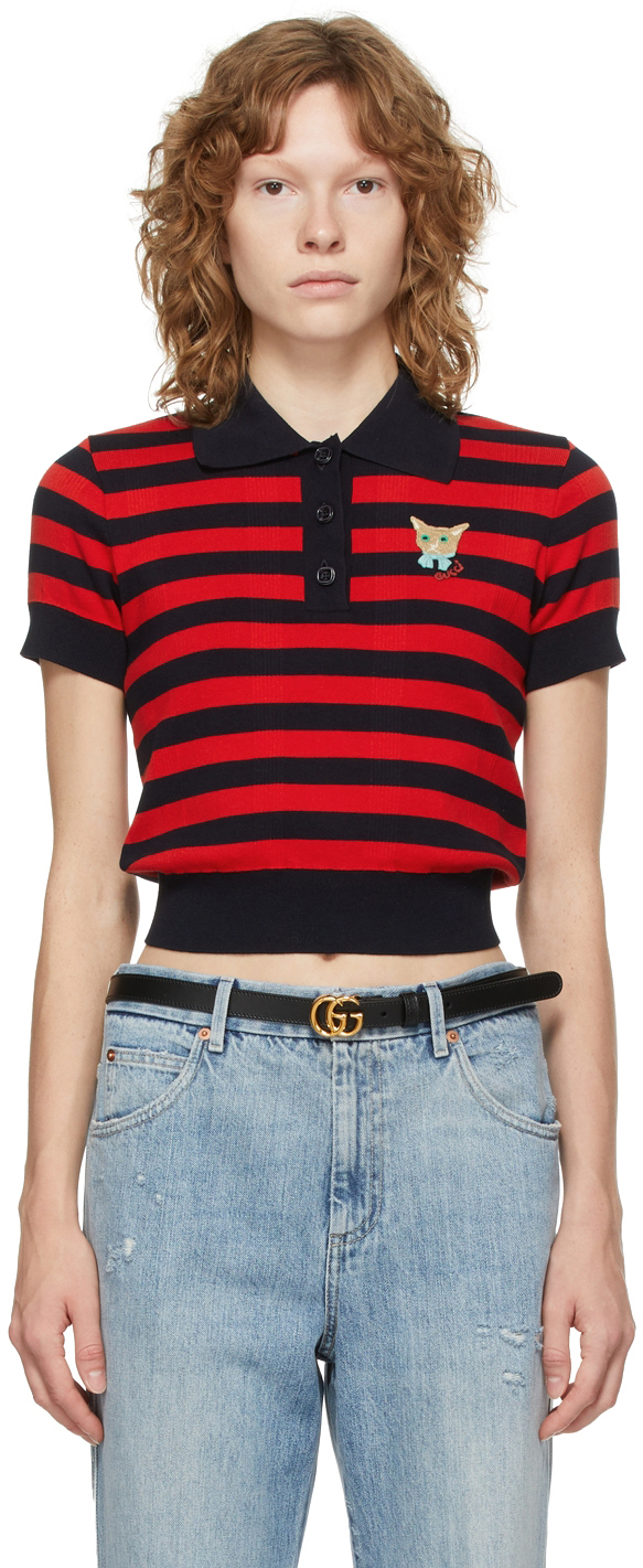 Gucci Navy & Red Stripe Cat Patch Polo