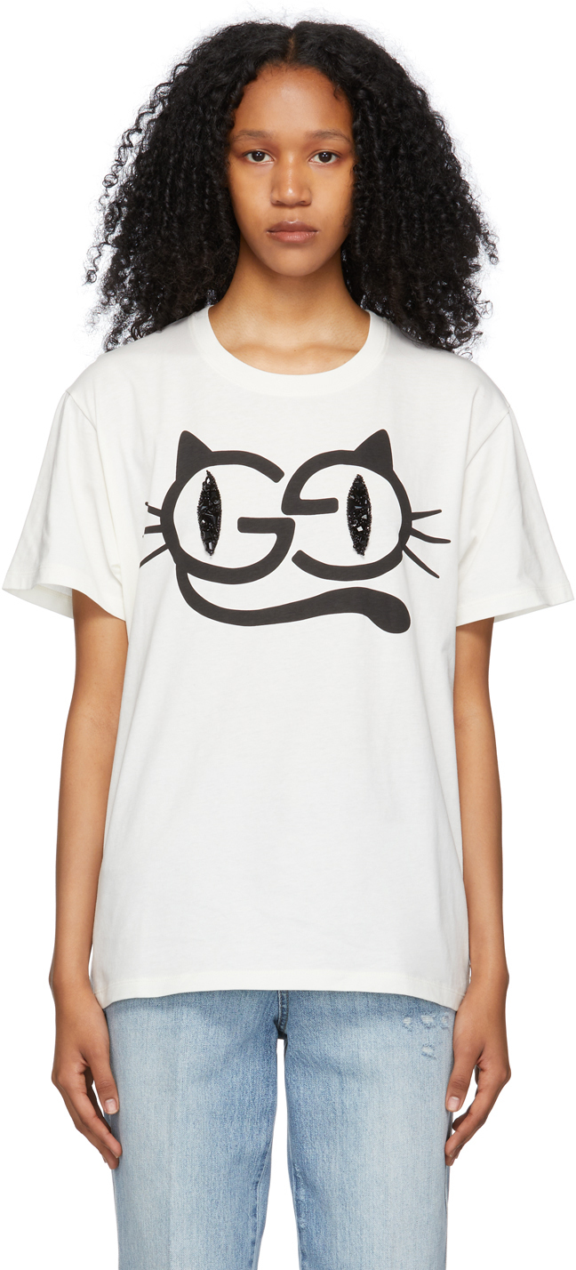 Gucci White Cat Eyes Print T-Shirt