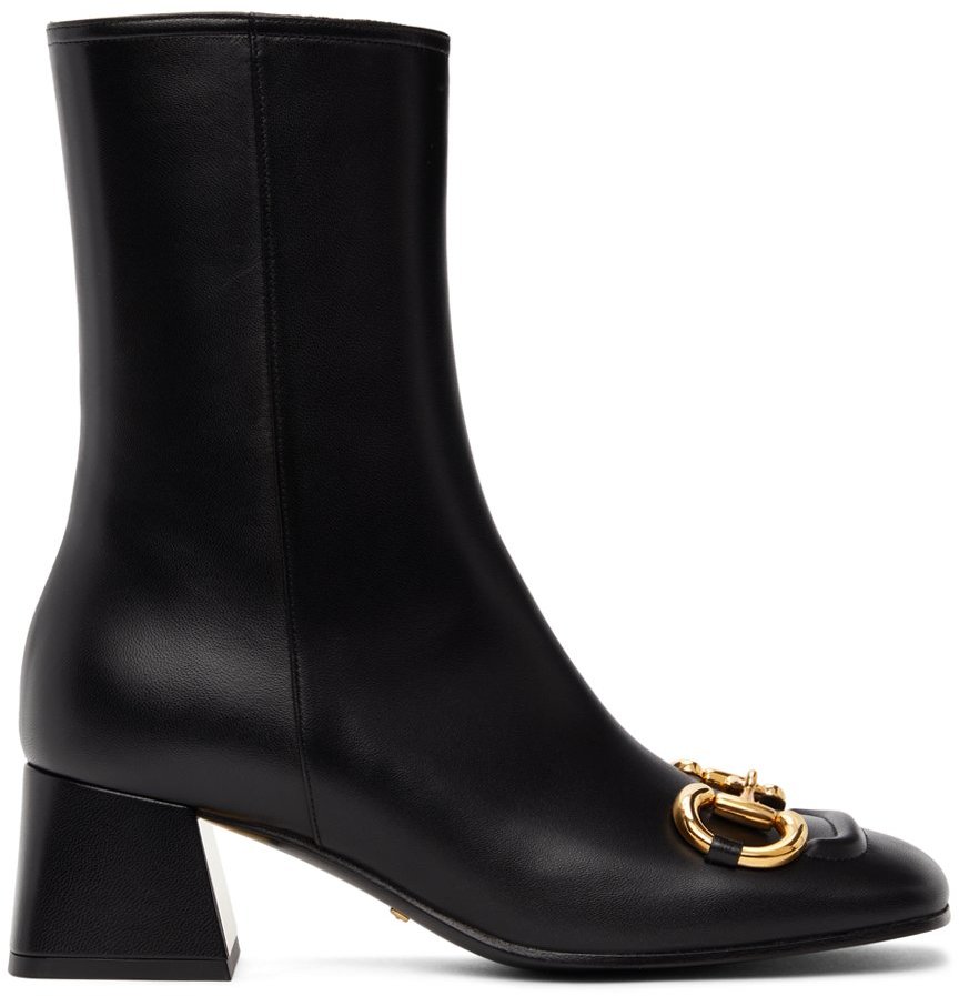 Gucci: Black Horsebit Mid Heel Ankle Boots | SSENSE