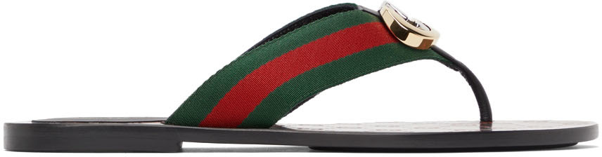 Gucci Black & Green Kika Flat Sandals