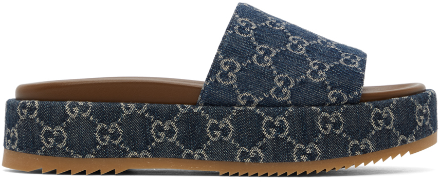 Gucci Blue Denim GG Platform Slide Sandals