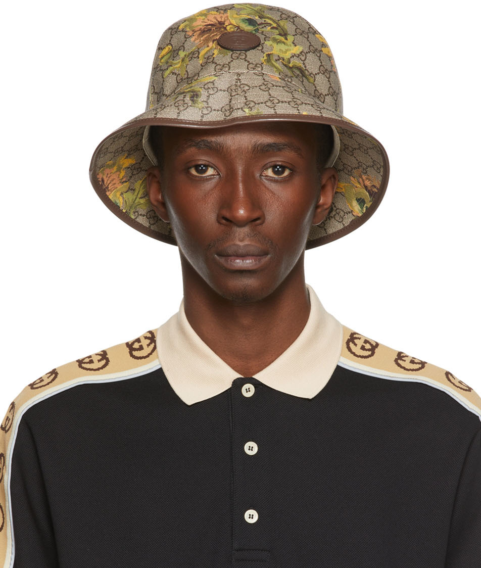 Beige GG Carnation Print Fedora Hat SSENSE Men Accessories Headwear Hats 