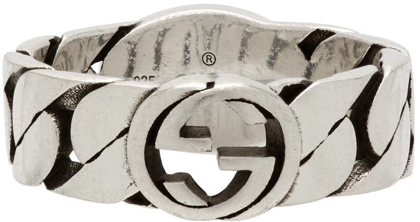 SSENSE Men Accessories Jewelry Rings Silver & Black Large Interlocking G Ring 