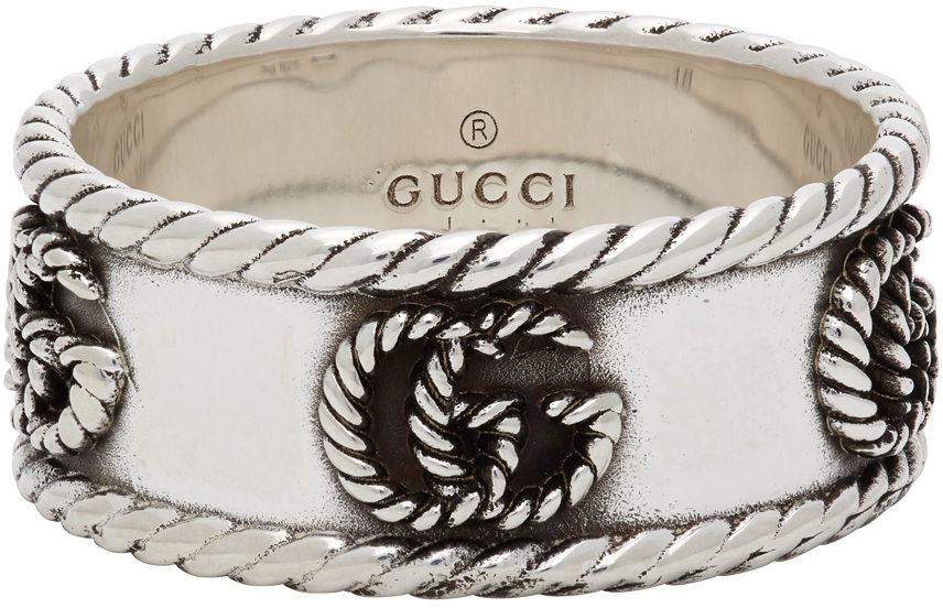 Gucci Silver Textured Double G Ring